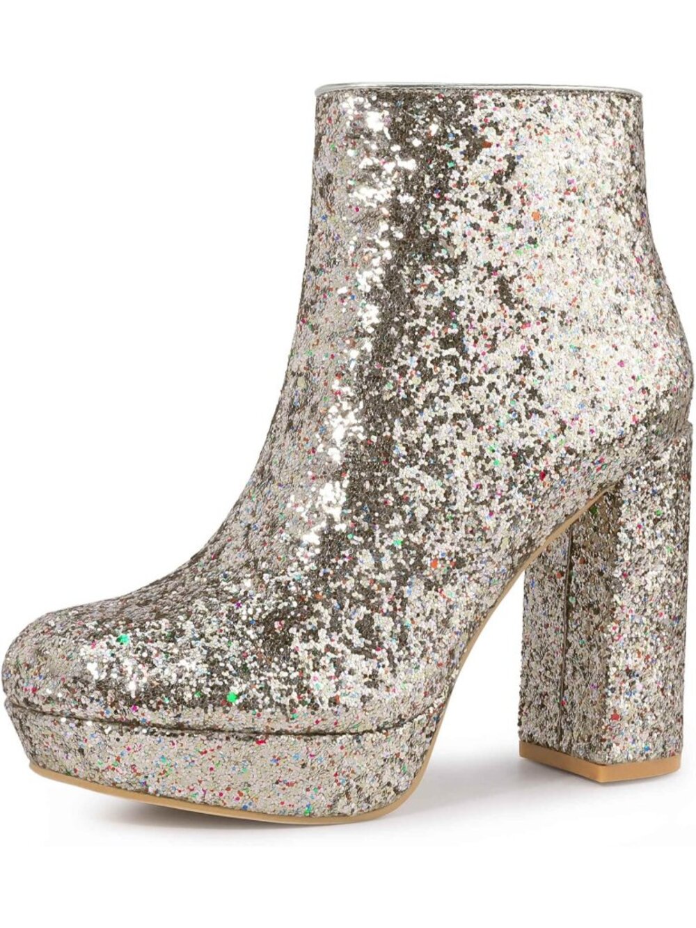 Women's Silver Glitter Platform Round Toe Chunky Heels Side Zip Ankle Boots
